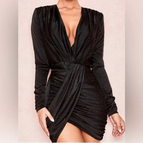 House of CB Tatja Deep V Crystal Studded Mini Dress Black Size Small - Picture 2 of 12